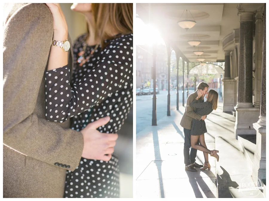 engaged couple hugging in front of the Pabst Theater in Milwaukee Wisconsin