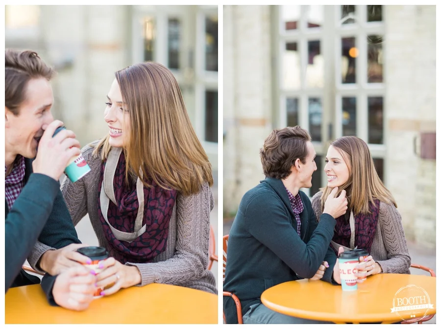 engaged couple sharing coffee in front of Colectivo Coffee in Milwaukee Wisconsin