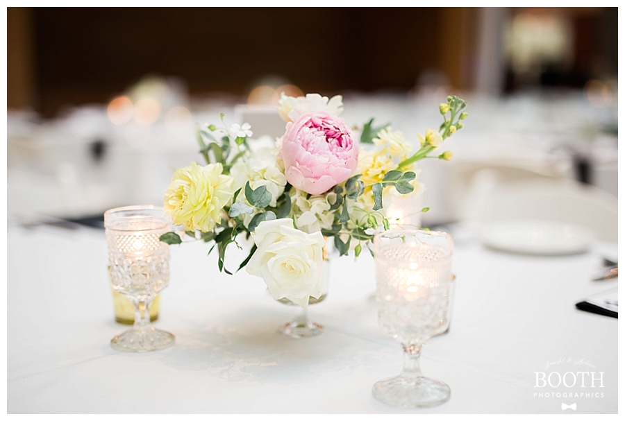 peony compote centerpiece at black tie wedding in Madison, WI