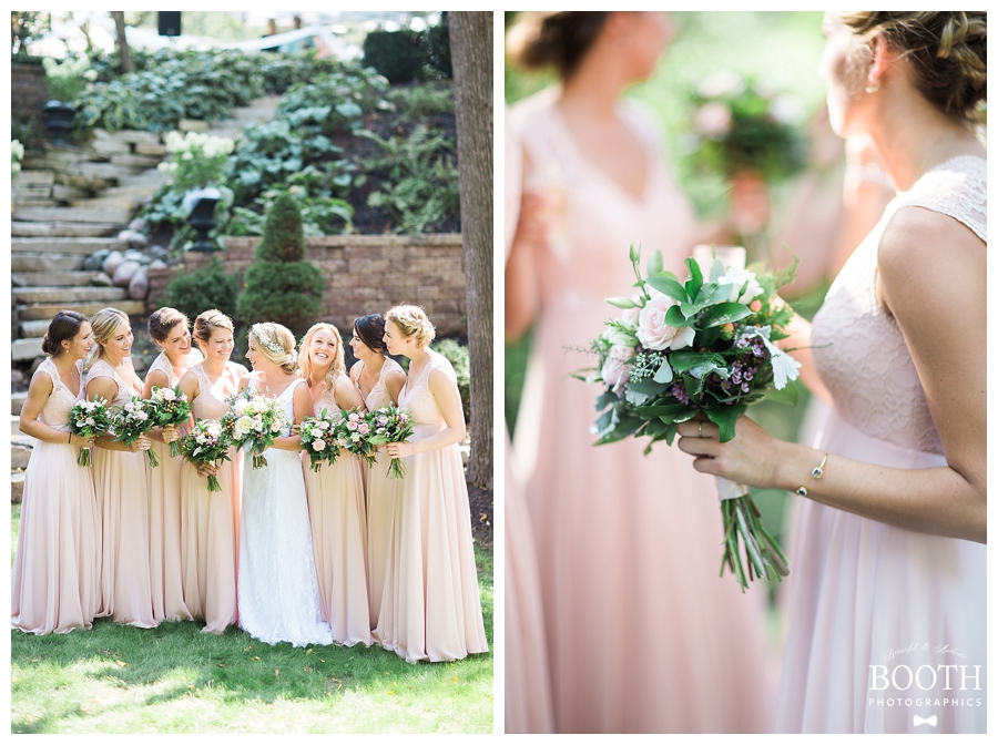 bridal party talking at their bohemian romantic outdoor private estate wedding