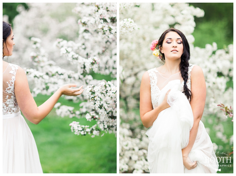 bride wearing BHLDN gown among the apple blossoms