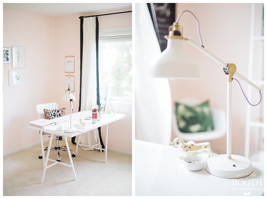 feminine pink, white, and green mid-century modern inspired home office for Saffron Avenue