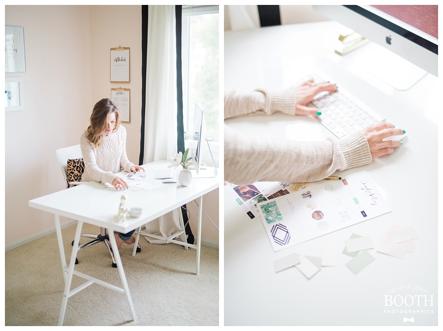 Blogger working in her feminine pink, white, and green mid-century modern inspired home office