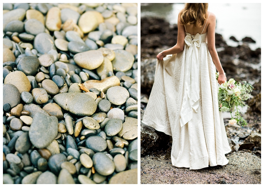 Bride walking to Siwash Rock in Stanley Park, Vancouver in a Truvelle wedding dress, photographed by destination wedding photographers, Booth Photographics