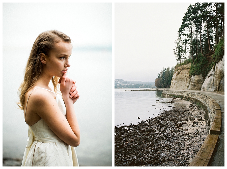 Bride at Siwash Rock in Stanley Park, Vancouver in a Truvelle wedding dress, photographed by destination wedding photographers, Booth Photographics