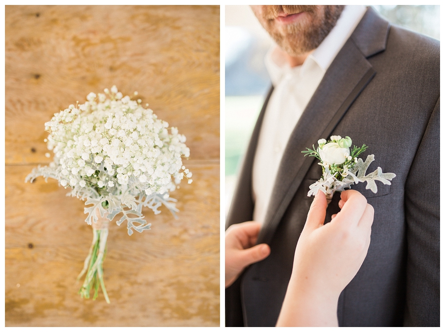 baby's breath and dusty miller bouttoniere on a custom gray wool suit for a rustic fall outdoor wedding