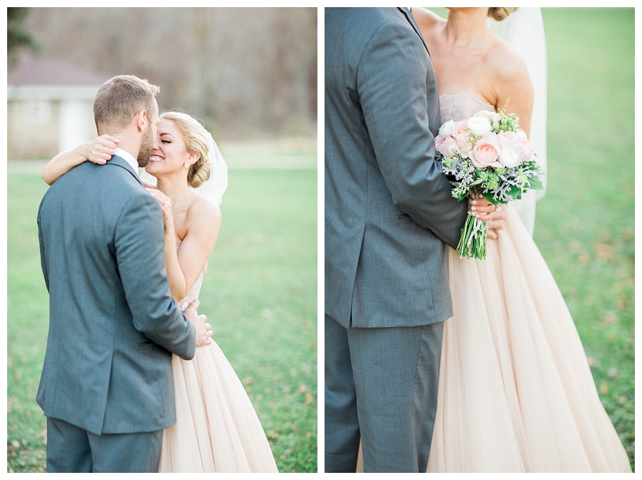 couple grinning and kissing at their rustic outdoor wedding at Sugarland Barn