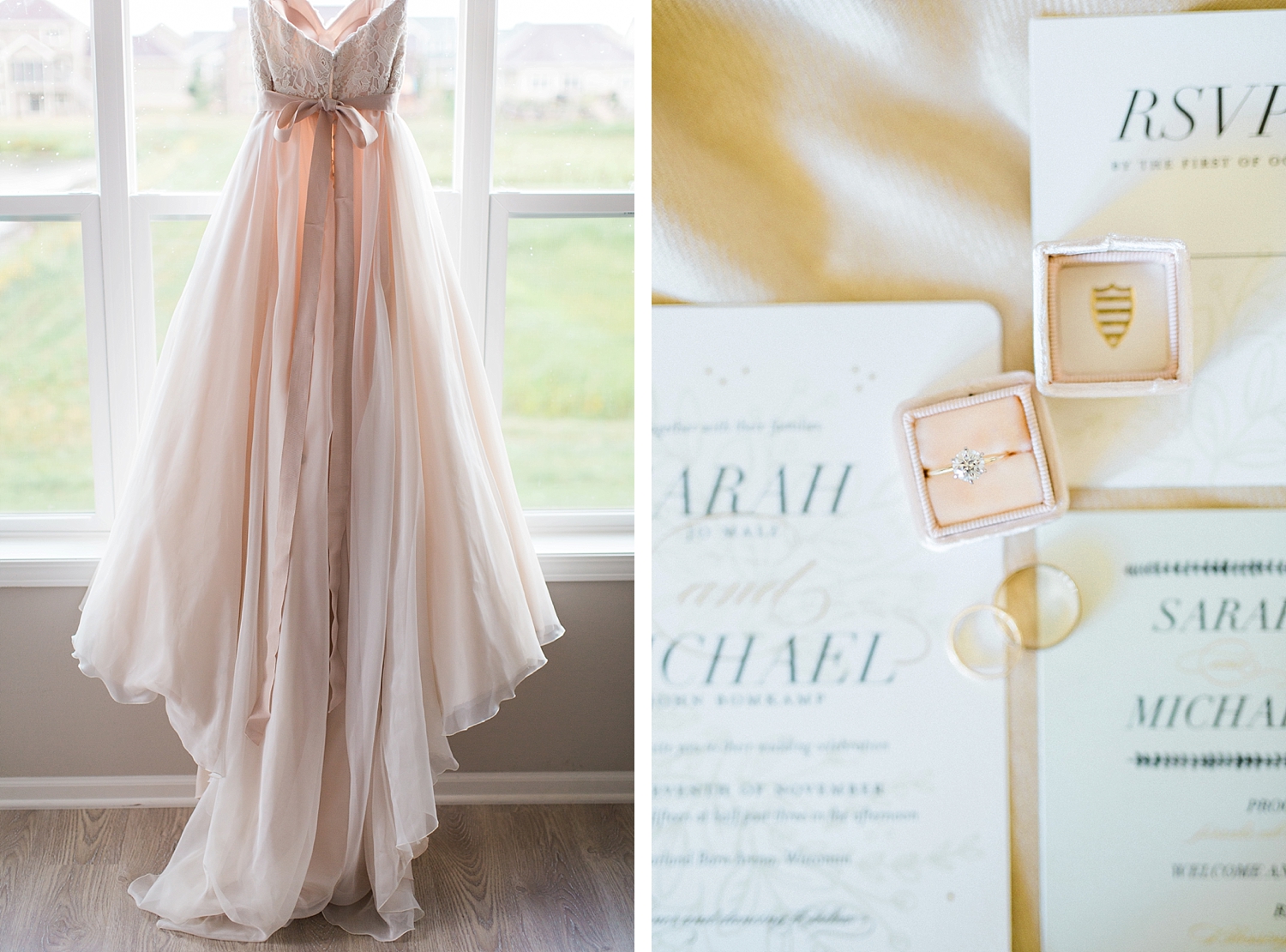 Blush Essence of Australia wedding gown and wedding ring in a blush The Mrs. Box for a rustic and elegant outdoor wedding