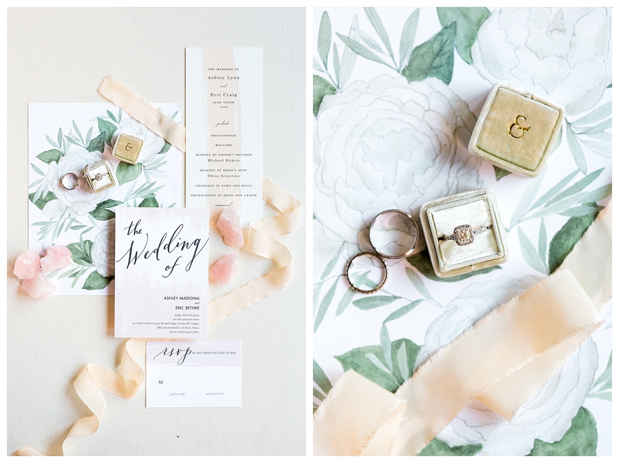 fine art wedding styling of watercolor invitation suite