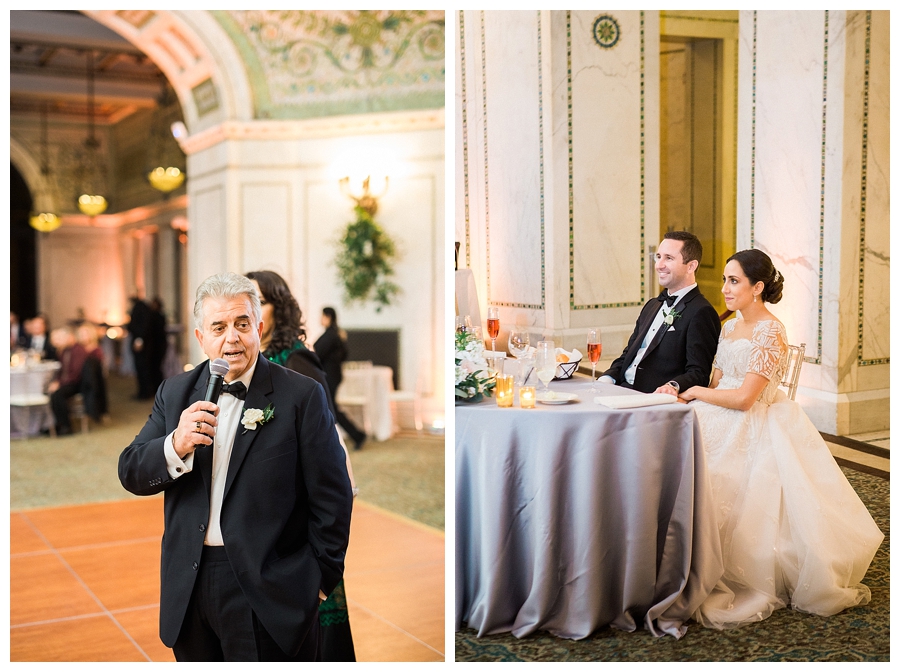 fine art wedding photography of wedding toasts at the Chicago Cultural Center, Chicago
