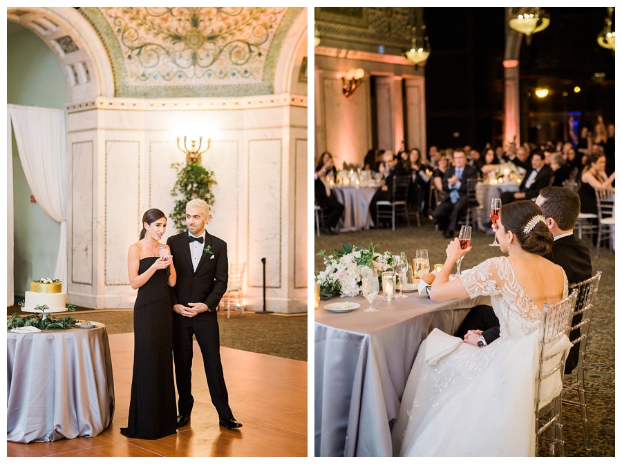 fine art wedding photography of wedding toasts at the Chicago Cultural Center, Chicago