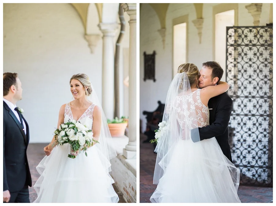 Bride and groom's first look at the Villa Terrace Museum of Decorative Arts