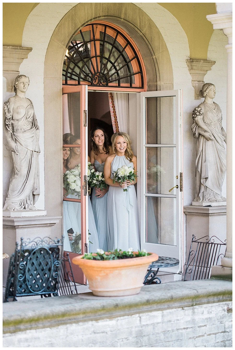 Bride and groom's first look at the Villa Terrace Museum of Decorative Arts