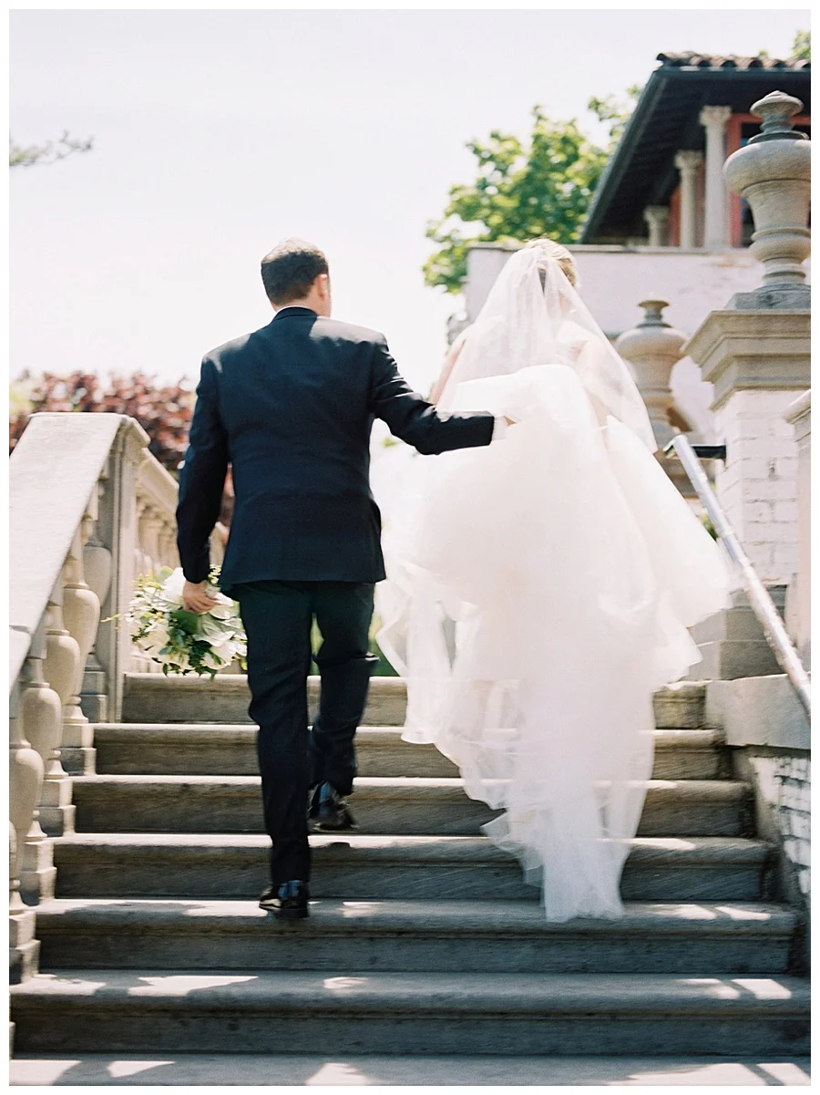 Bride and groom's first look at the Villa Terrace Museum of Decorative Arts
