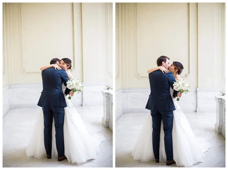 bride and groom's classic first look at the Wisconsin Historical Society