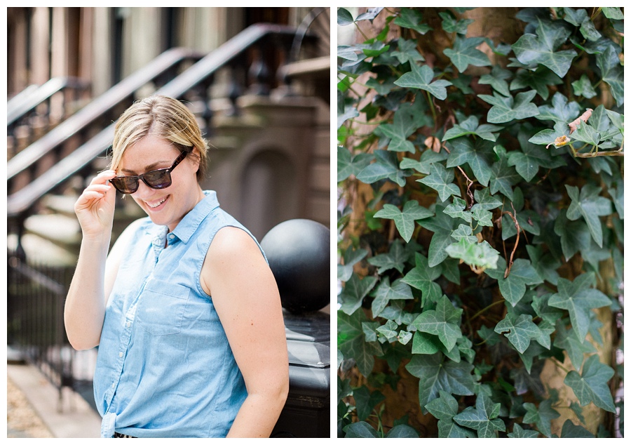 girl laughing in front of Brooklyn Brownstones in Brooklyn, New York