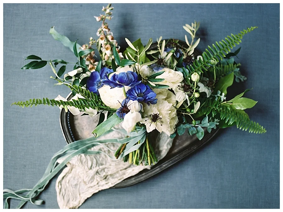 Indigo and cream bouquet designed by Flower & Bee