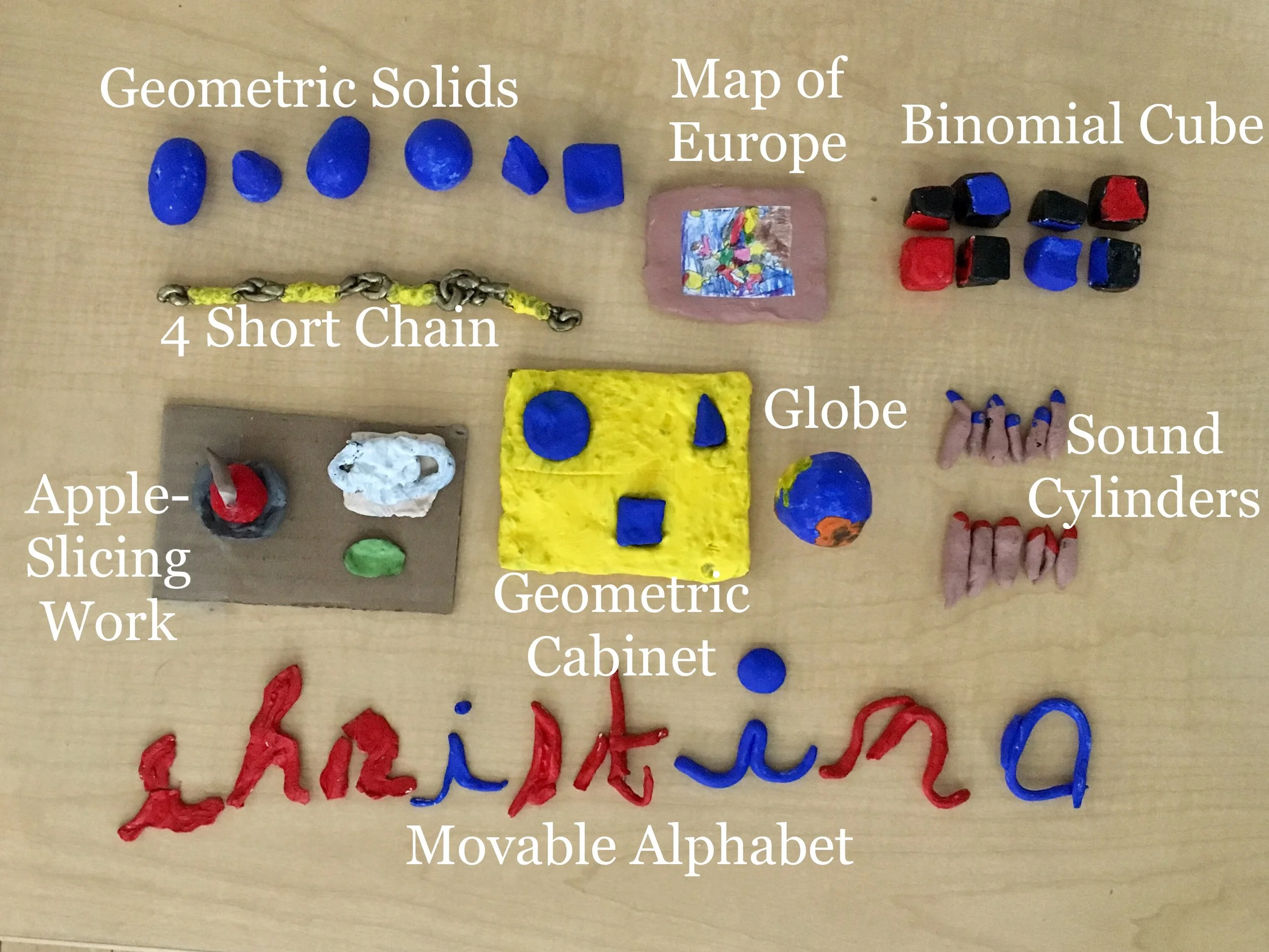 The Kindergarteners replicated Montessori works out of sculpey.