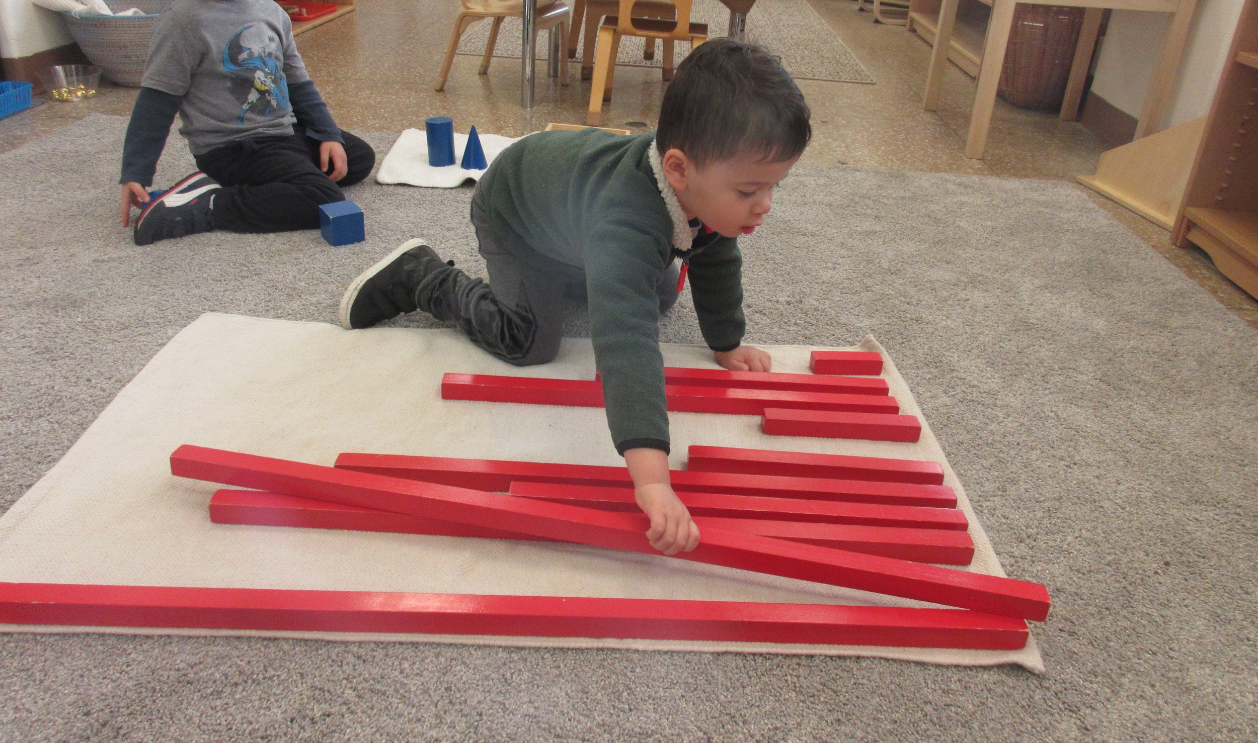 This week, we introduced the Red Rods (differentiaton by length) in the Sensorial Area. 