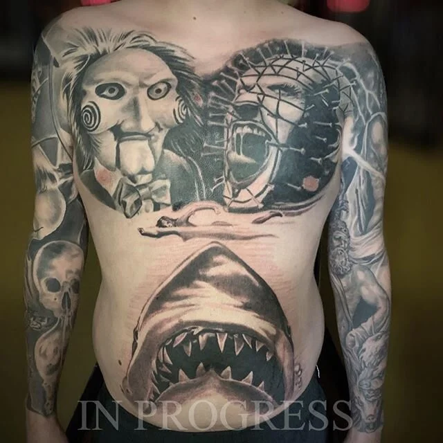 Horror theme in progress #diademtattoo #jacksonville #florida #blackandgreytattoos #pinheadtattoo #jigsawtattoo #jawstattoo #pinhead #jigsaw #jaws #horrortattoo #horror