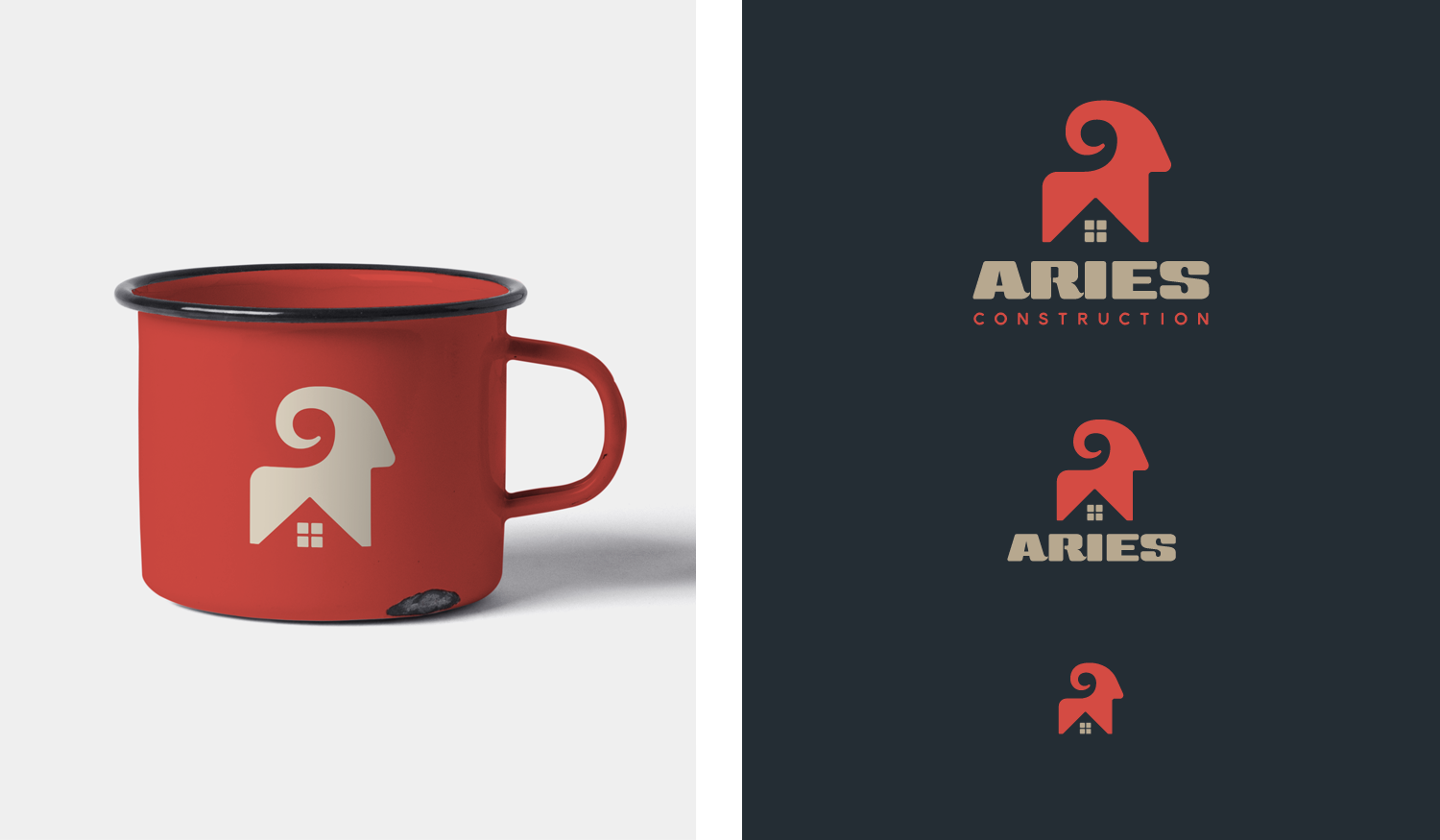 Aries visual identity enamel mug and responsive logo design