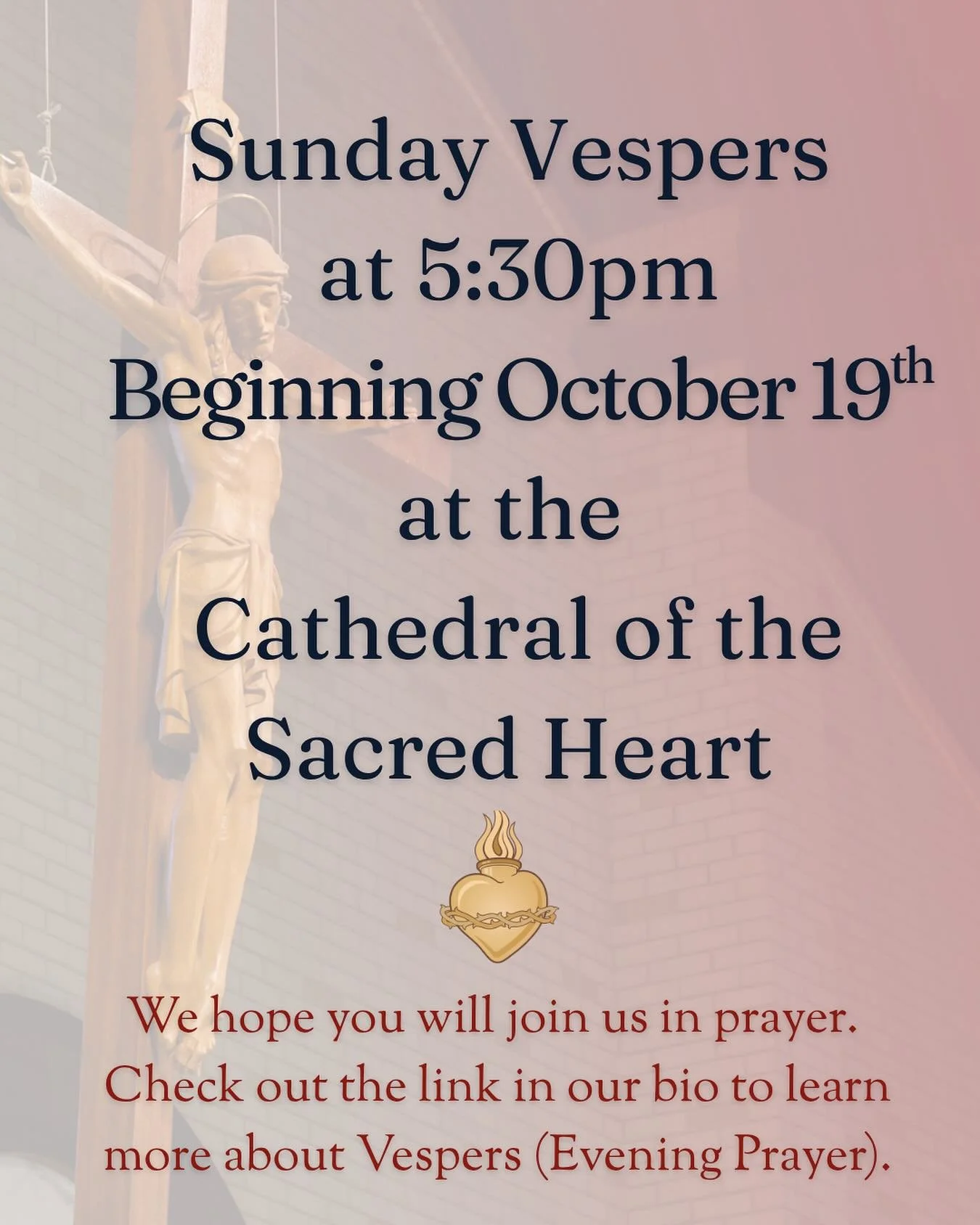 Spear-headed by our resident seminarian, Michael Pedersen, we will be hosting Vespers on Sunday evenings at 5:30pm starting on Sunday, October 19th and will continue every Sunday (unless otherwise announced). &lsquo;When evening approaches and the da