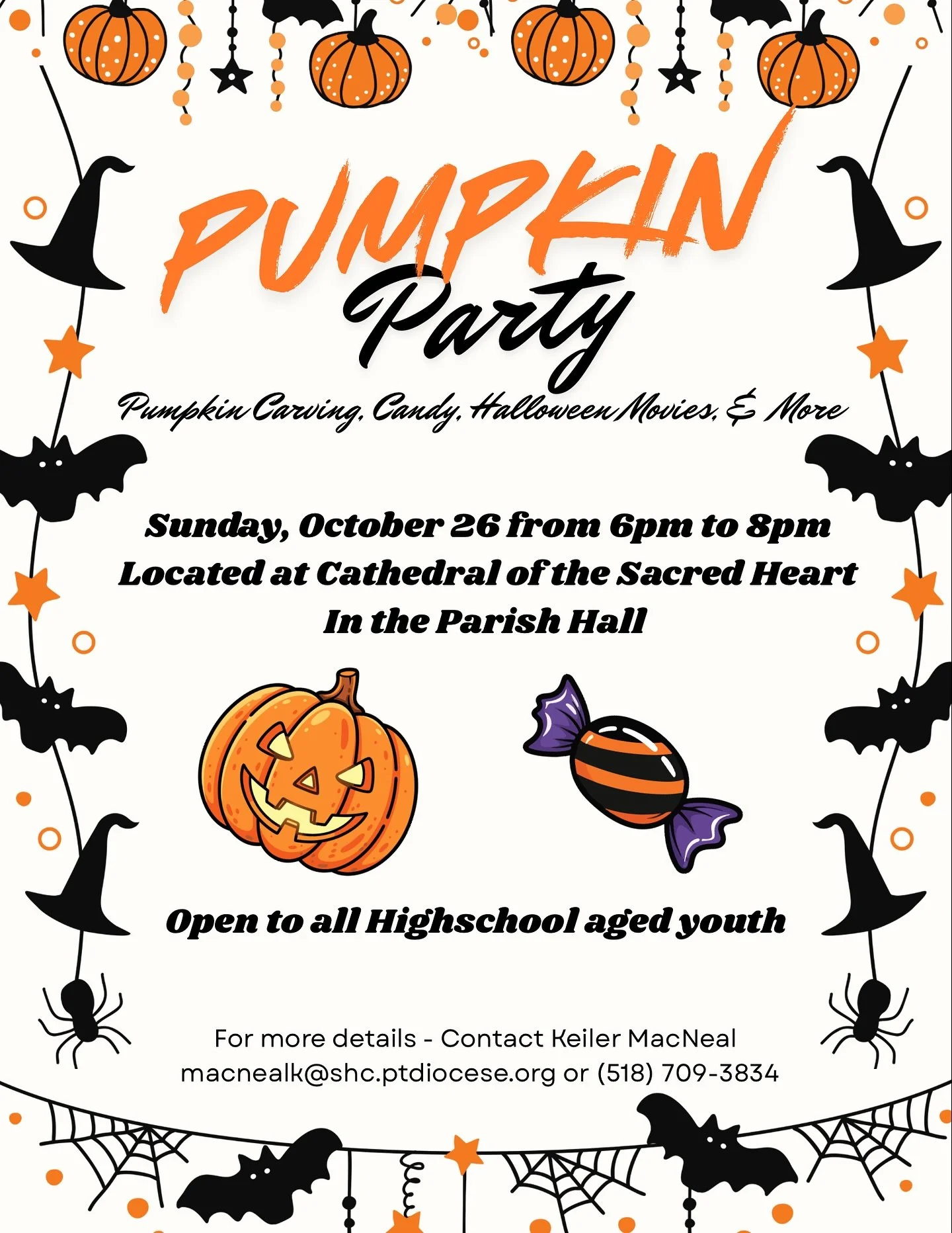 Attention high schoolers: the Cathedral is hosting a Pumpkin carving, candy, & Halloween movie night with friends. Sunday, October 26th from 6-8pm in the Parish Hall