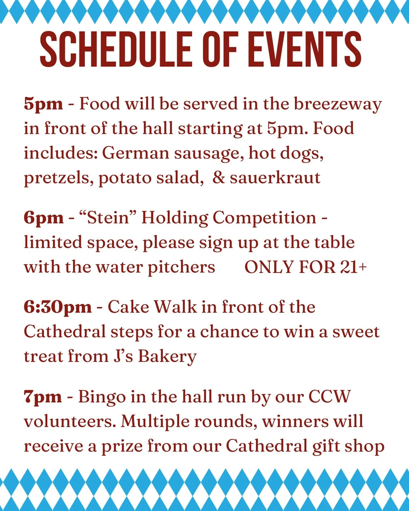 Oktoberfest is Saturday, October 25th! TOMORROW!  Food begins service at 5pm and the fun continues until 8pm. For those in the East Hill area, please consider walking or biking since parking will be limited. 
For those driving, there will be additio