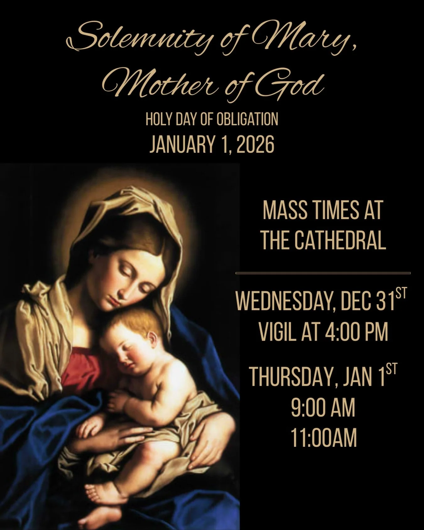 &ldquo;At the beginning of a new year, the Church invites us To contemplate Mary&rsquo;s divine maternity as an icon of peace.&rdquo; - Pope Francis, 2016.  Wednesday is a Holy Day of Obligation observing the solemnity of Mary, the Holy Mother of God