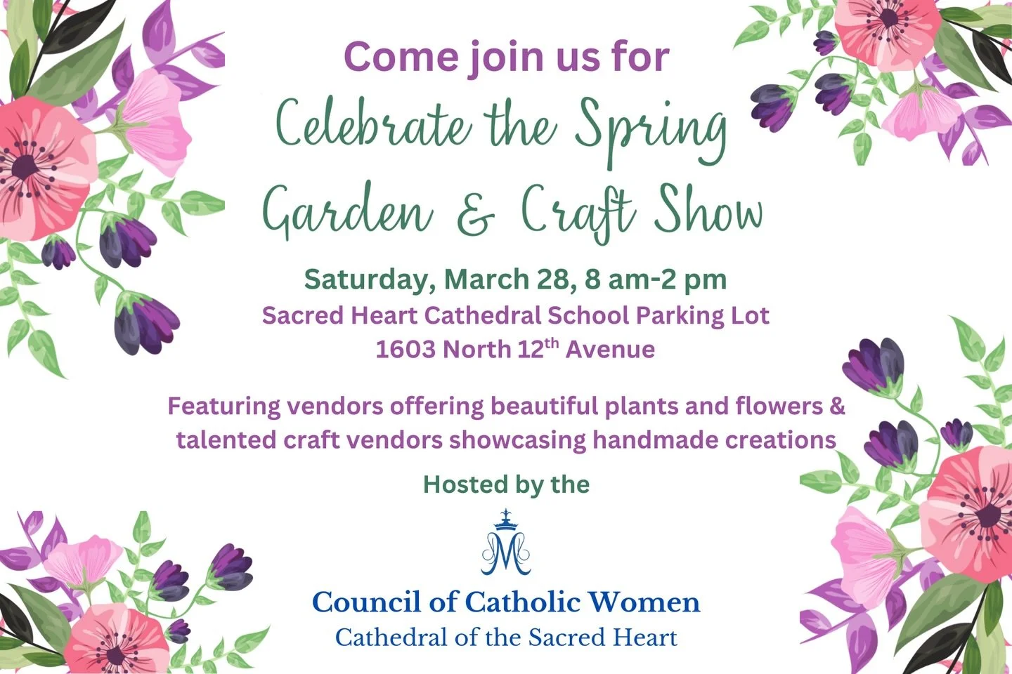 This Saturday! Come by the Sacred Heart Cathedral School parking lot to check out local vendors.