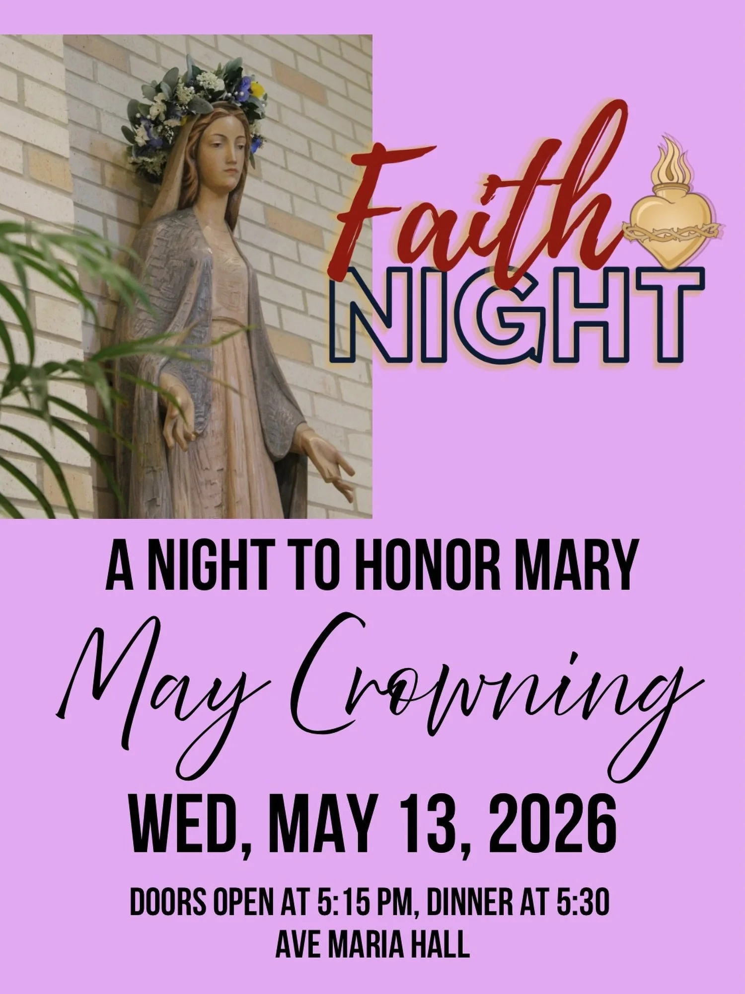 It&rsquo;s our final Faith Night! Come join us for a picnic dinner of hotdogs and sausages then participate in some parish fun including making your own Marian grotto! All are welcome! Dinner starts at 5:30pm, programming at 6pm and wrap up by 7pm. S