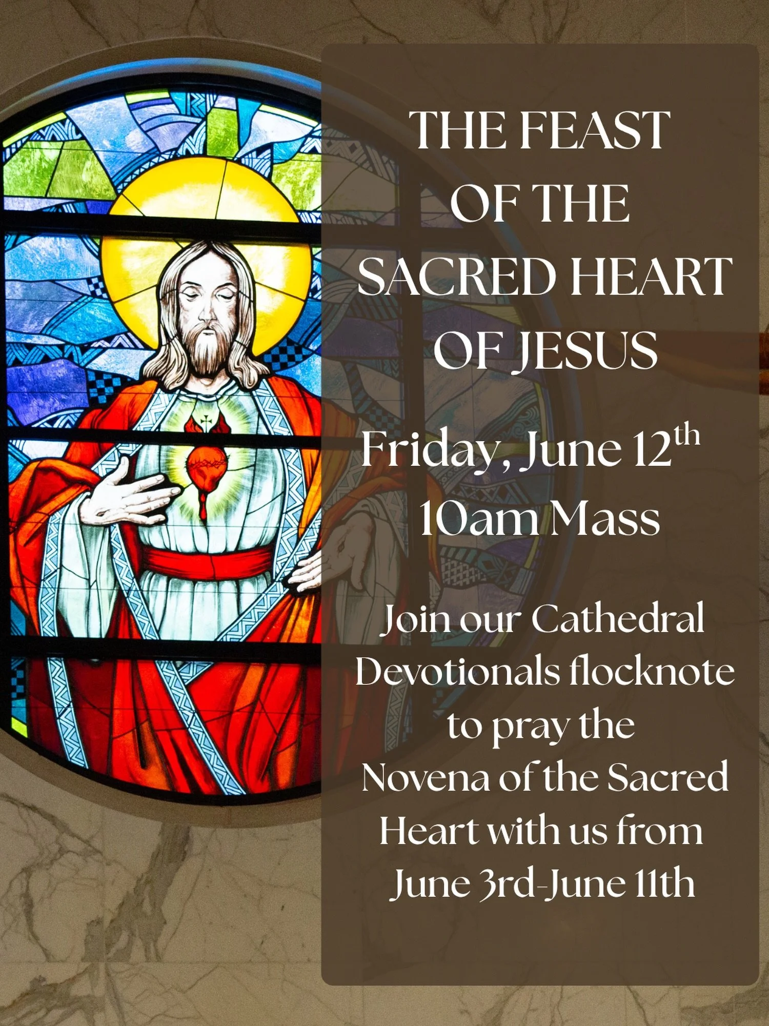 Go to our bio to join our Cathedral Devotionals Flocknote where we will be sending daily reminders for the Novena to the Sacred Heart of Jesus from June 3-11. Join us for the Feast Day Mass on June 12th at 10am followed by a reception in the courtyar