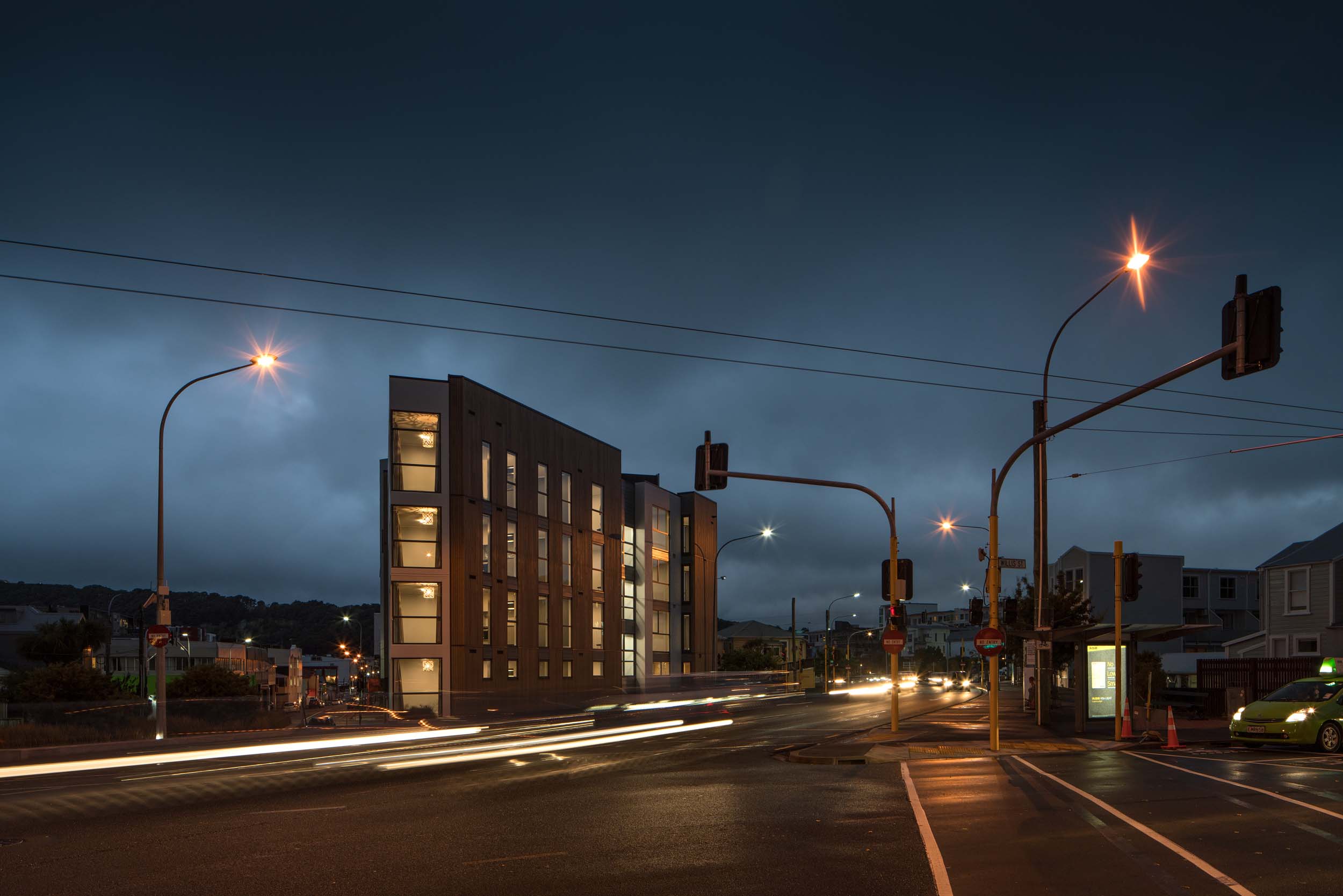 83 ABEL SMITH STREET BY ARCHAUS. EXTERIOR NIGHT TIME-LAPSE SHOT