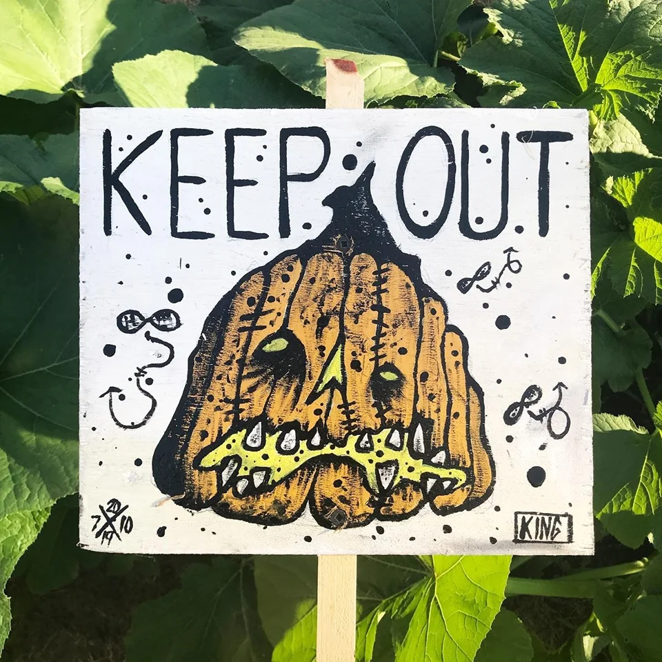 10.5” x 9” on plywood. Painted with 1 Shot Sign Painter’s Lettering Enamel. Order at: https://www.caseykingart.com/shop/keep-out-handpainted-pumpkin-sign
