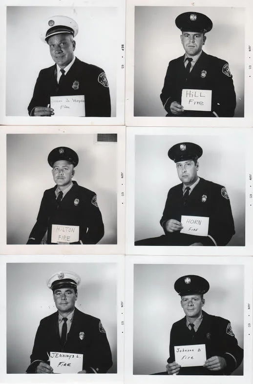 1965-7 Assistant Chief Jim Heying  1951 1972, Gary "Wally" Hilton  1961 1987, Leonard Jennings  1955 1972,Warren Hill  1963 1984, Burt Horn  1963 - final alarm 1977, Dennis Johnson  ?