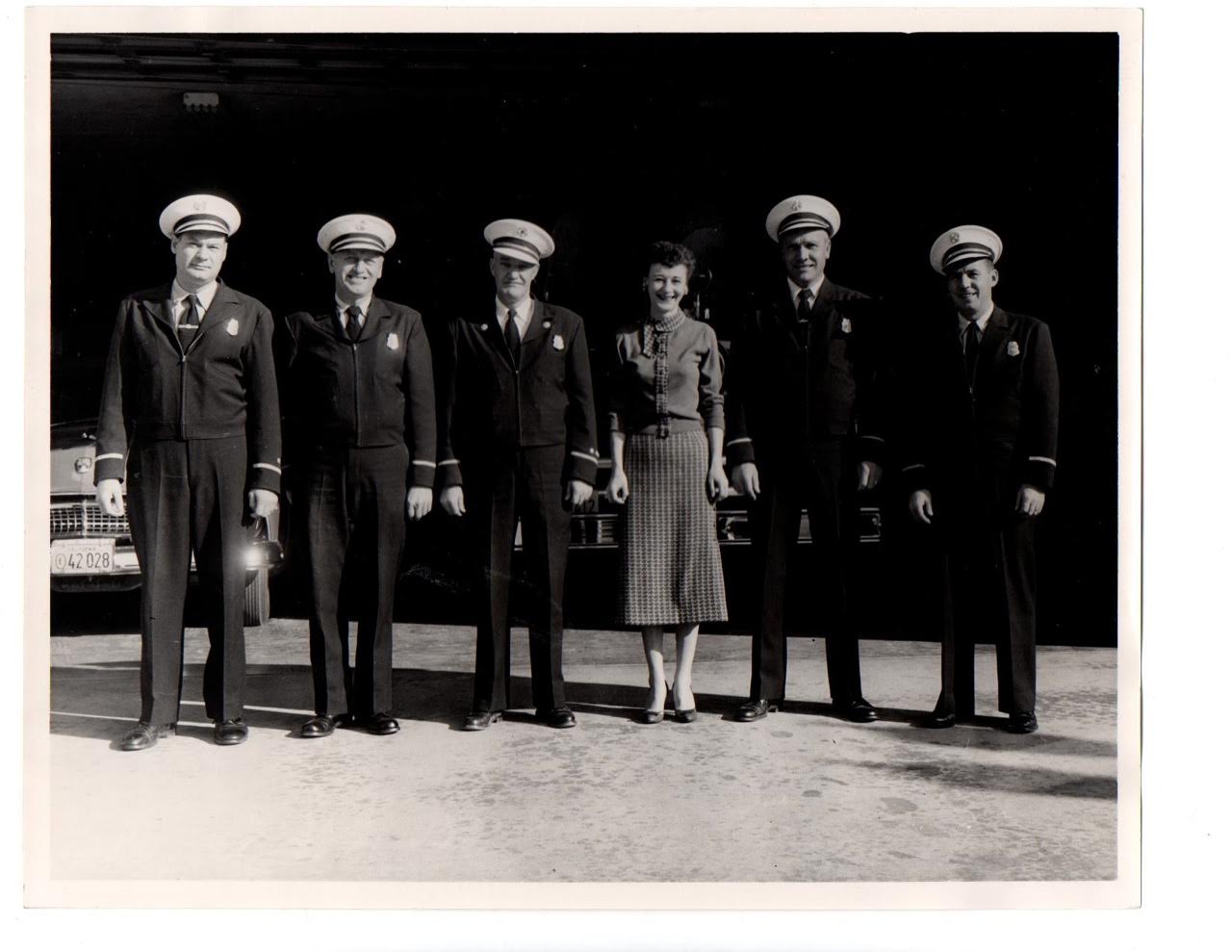 JIM GESLER , AUGIE FITZ , CHIEF ED STRINGER ,SECRETARY MARGE KANE , ASST. CHIEF JIM HEYING , FIRE MARSHALL BOBBY PHILLIPS
