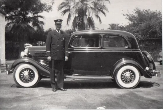 Anaheim's first paid fireman in 1929 - Fred Minyard , he later became Fire Chief in Monrovia Ca. as shown in photo