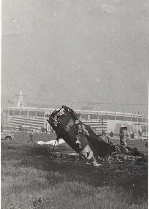 Military Jet crashed  across from Anaheim Stadium , March 13 , 1970 , the plot ejected safely , Anaheim eng. 7 put out the fire 