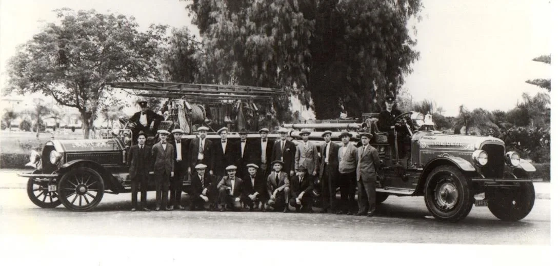 1926 ANAHEIM VOLUNTEER FIRE DEPT. , FIRE CHIEF VIC LA MONT STANDING FAR RIGHT -Old #1, Old #2