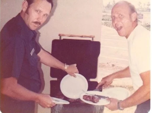 Jim Burleson and Tom Ellis BBQ cooks at old station 3 -mid 1970's