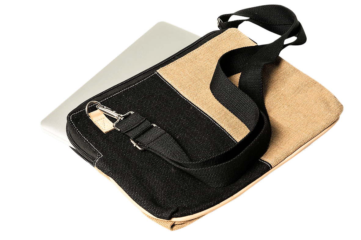 Laptop Bag natural & black with shoulder strap with laptop inside