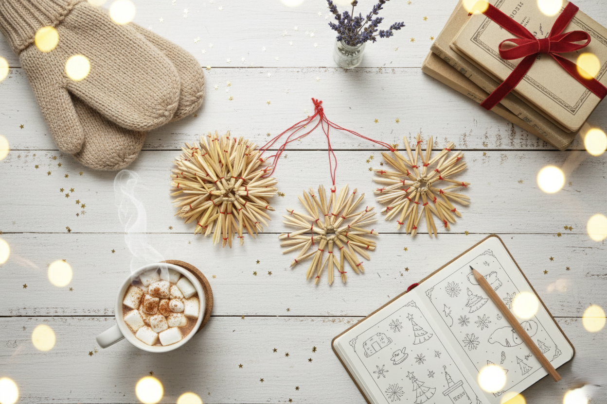 Wheat Straw and Cotton Balls Ornament Set  of 6