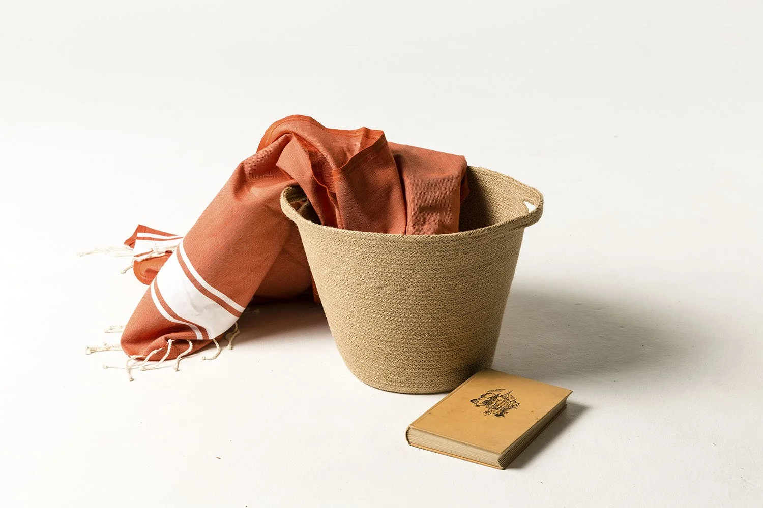 Beige Braided Jute Basket With Handles