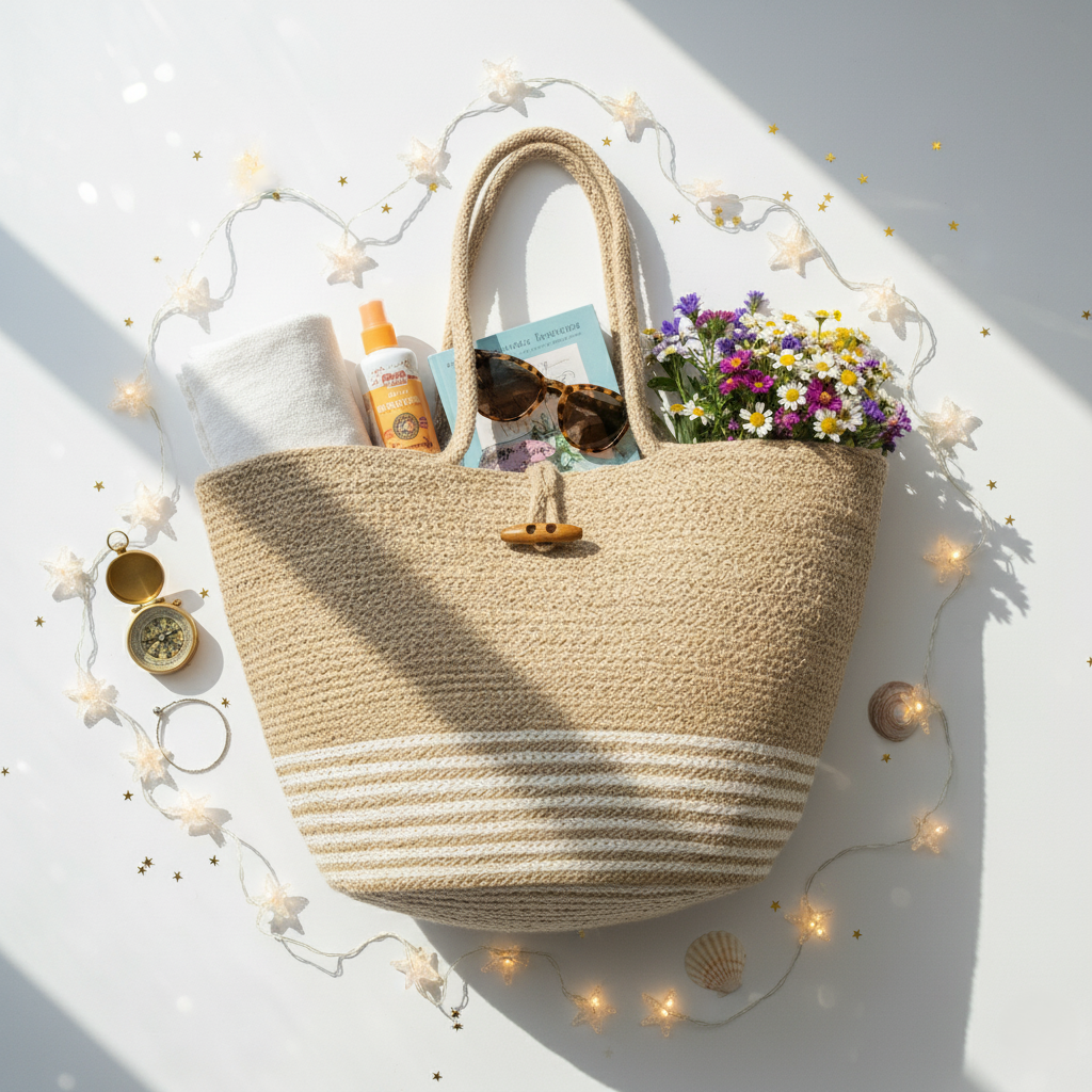 Braided Jute Tote Beige White Striped