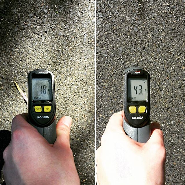 Cannot believe the difference in temperature on just a 20 degree day! Left is in the shade of a beautiful tree, right is direct sun, same street!! #coolstreets #sustainability #green #urban #urbanheat #environment