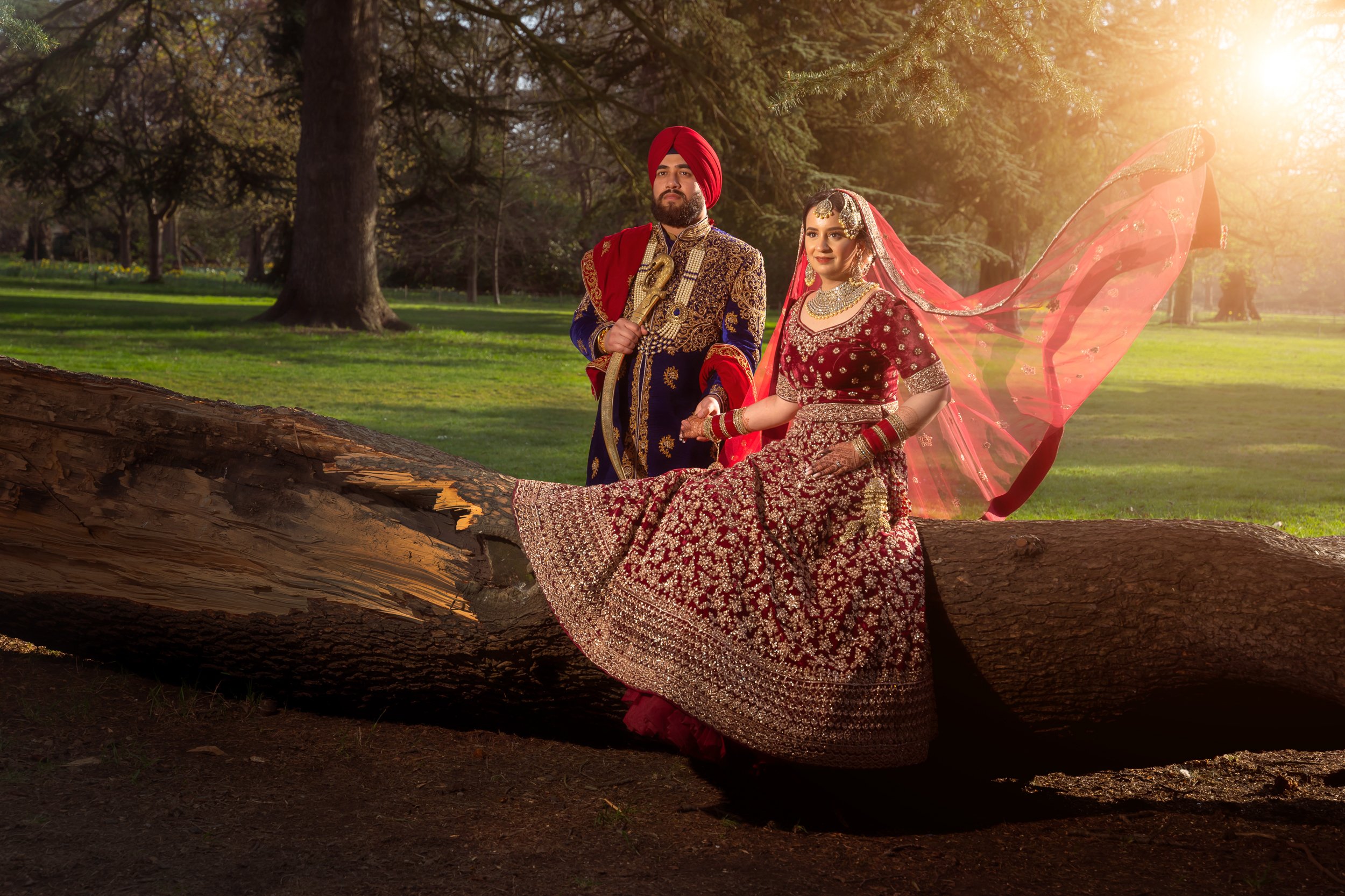 A couple in traditional Indian wedding attire sitting on a fallen tree in a park at sunset, with trees and grass in the background.