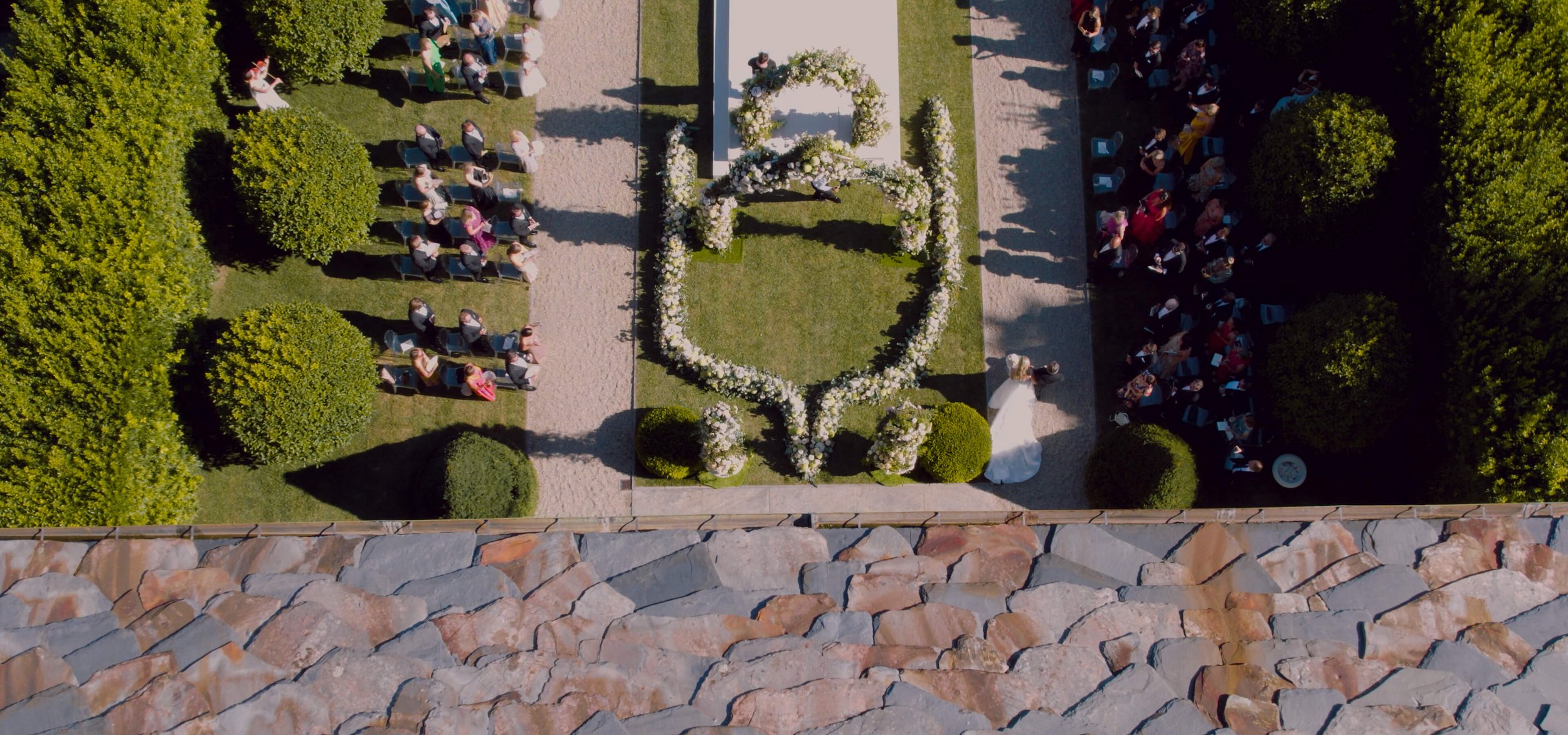 lake como Villa Balbiano luxury wedding ceremony by drone 