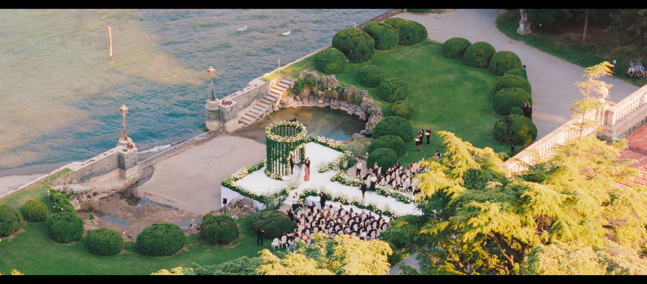  Luxury wedding ceremony decor drone shot at villa erba lake como with Alejandra Poupel and Sacks Production, Bottega53 and Vincenzo Dascanio with DJI inspire 3 prores 