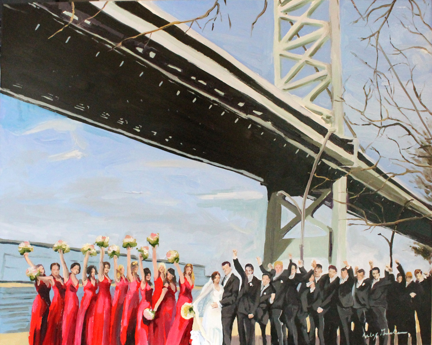 Commissioned Painting of Wedding Party at Ben Franklin Bridge