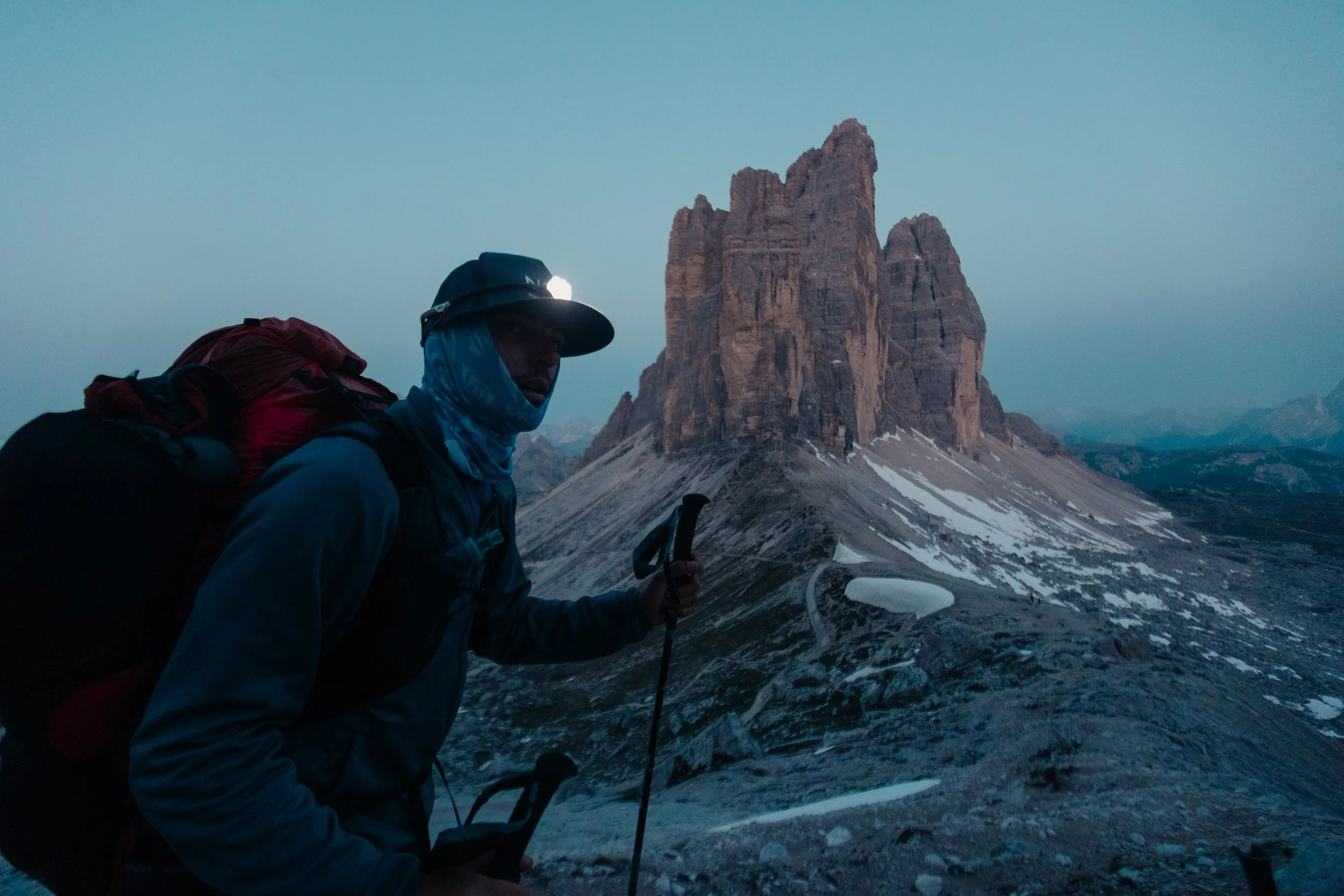 Blue hour hiking in the Dolomites 